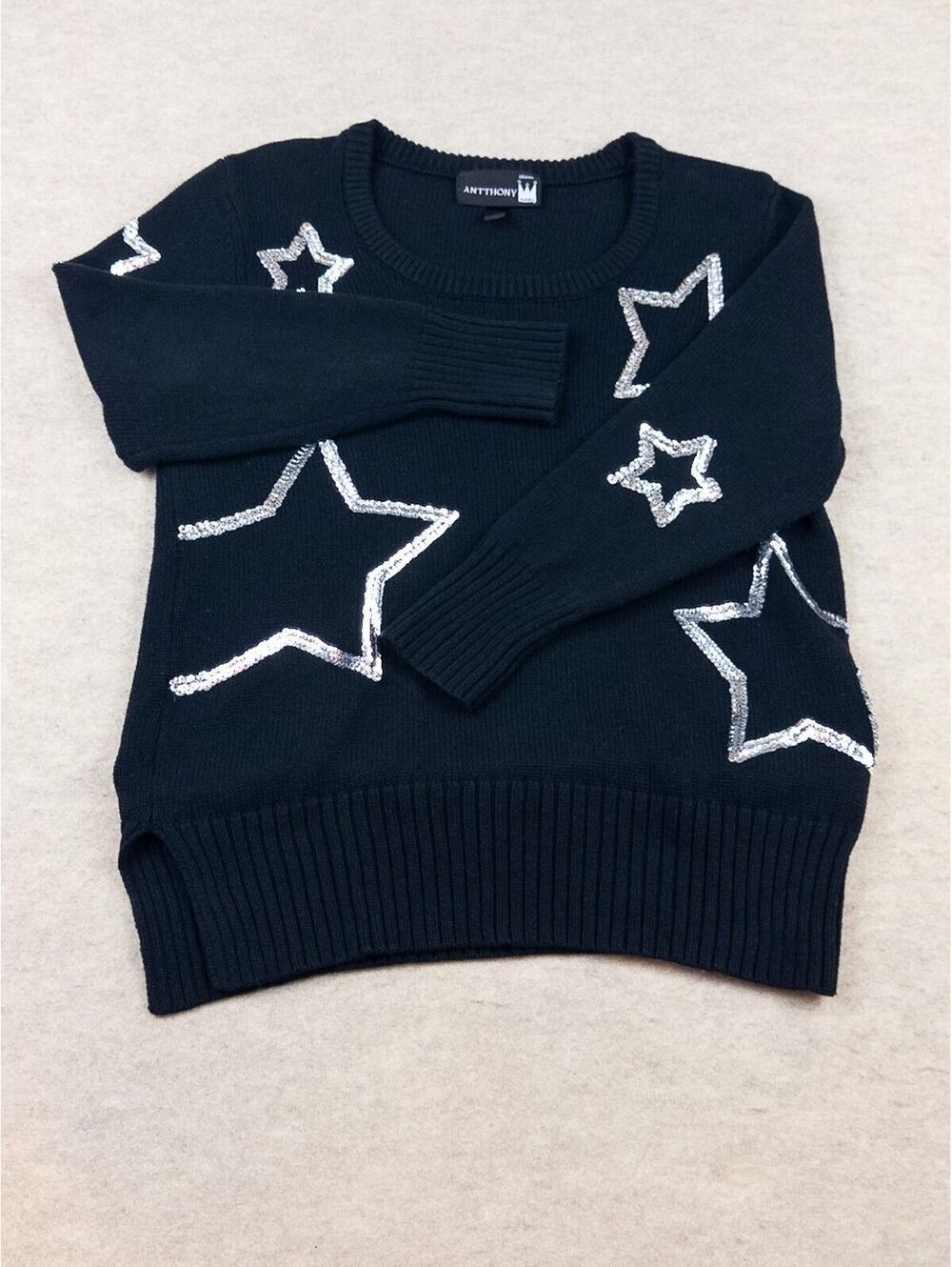 Antthony Black Cotton Sweater with Silver Star Embellishments, Large